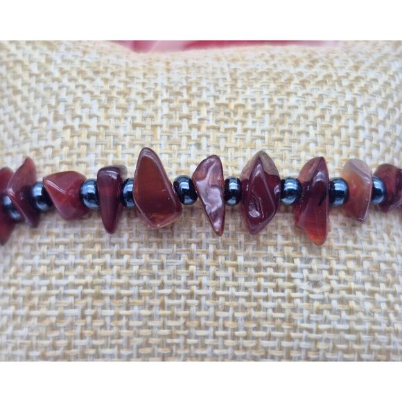 Genuine Smooth Garnet Chip & Hematite Beaded Ankle Bracelet Barrel Clasp 10" - Picture 8 of 10